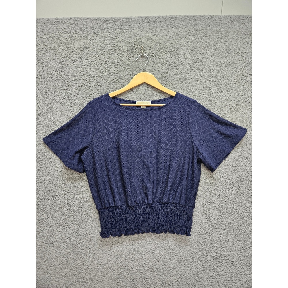Michael Kors Smocked Blouse Medium Navy Blue Eyelet Short Sleeve Boho Chic
